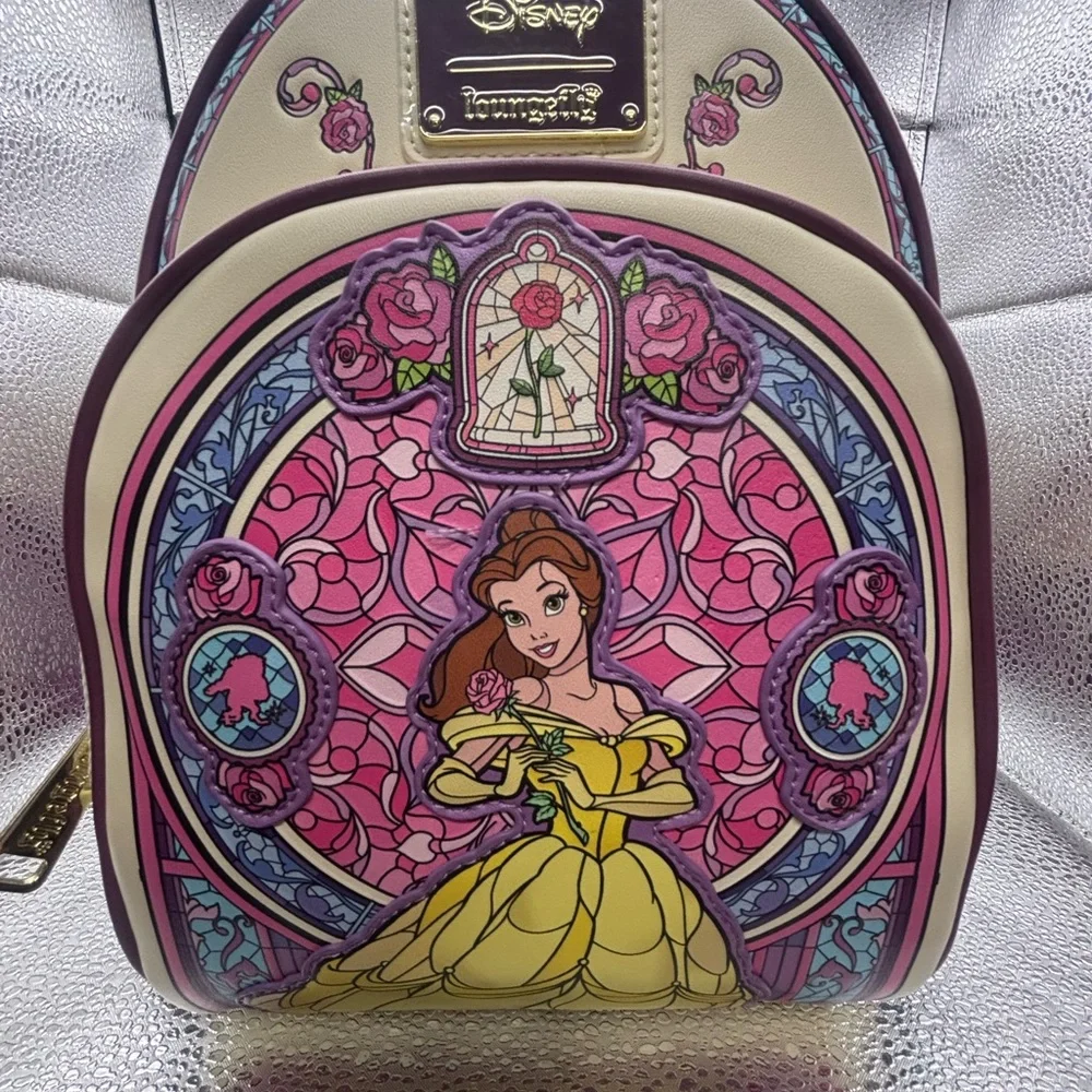Loungefly Belle Stained Glass Mini Backpack - Pink, Cream & Yellow - Picture 1 of 7